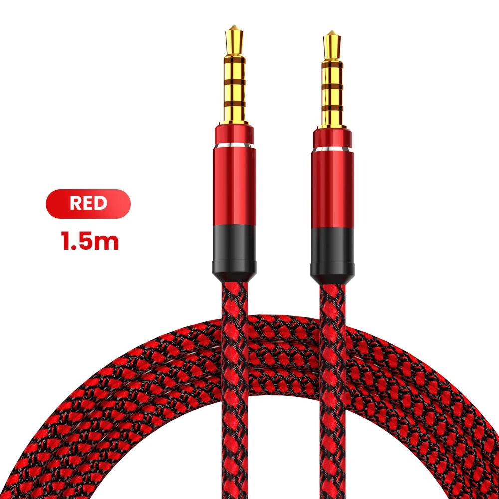 Red nylon braided 1.5m 3.5mm audio cable with gold-plated connectors and black accents.
