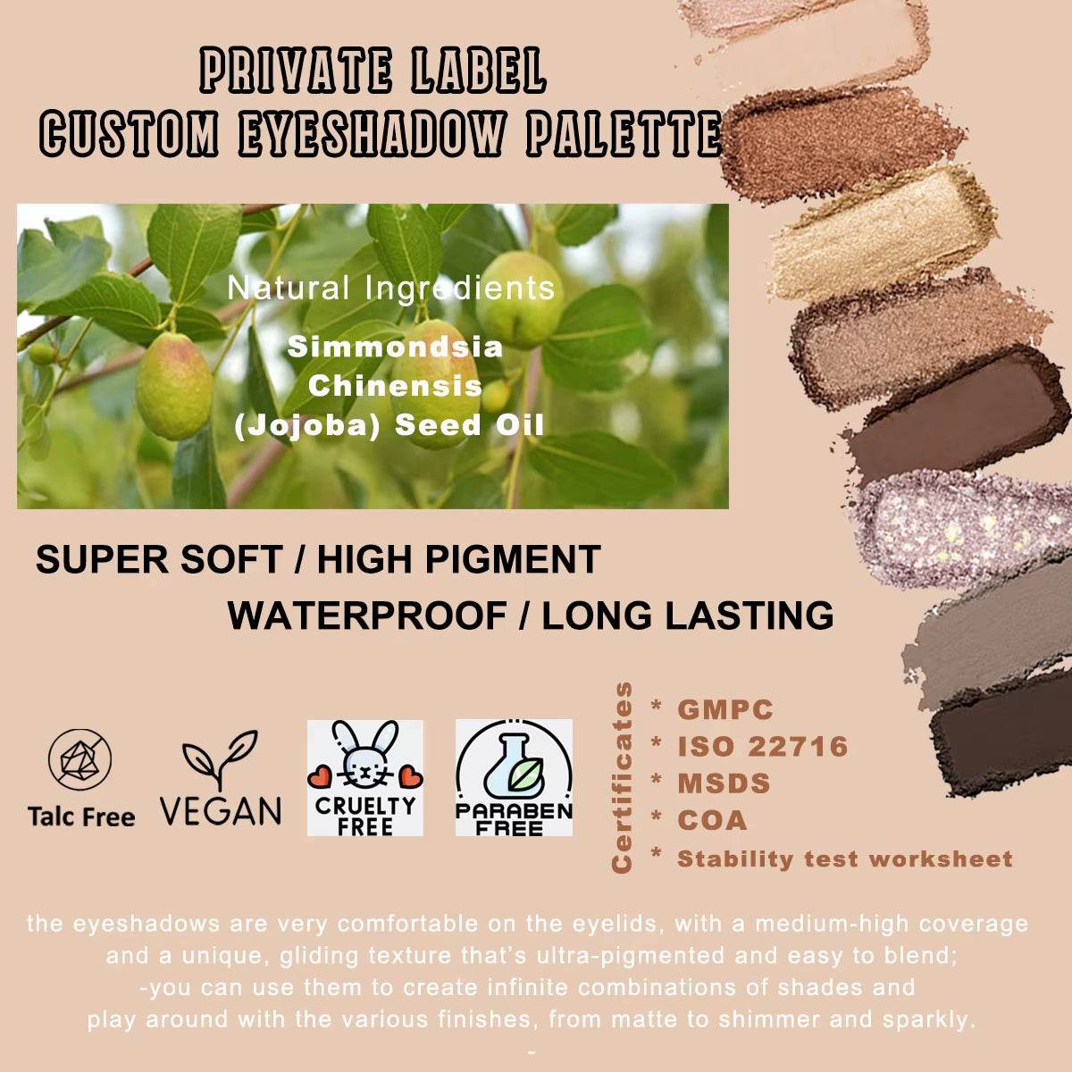 Open eyeshadow palette with seven matte and shimmer shades in neutral tones, surrounded by green leaves and text.