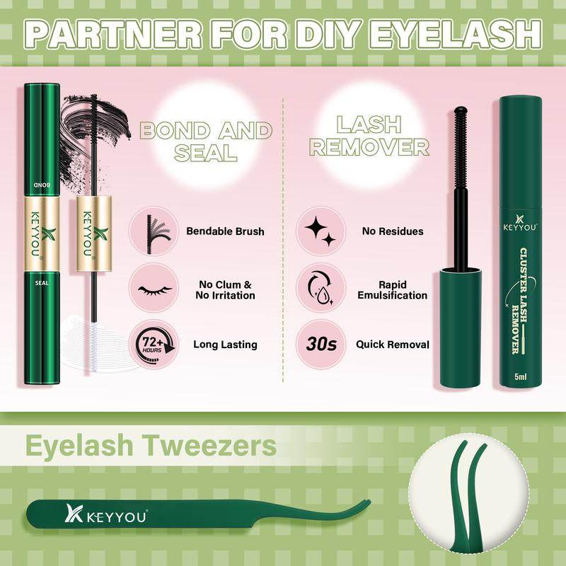 KEYYOU Fairy Lash Clusters Kit Invisible Band DIY Lashes Wet Look Waterproof Eyelash Extension Kit Wispy Manga Kawaii Doll Lashes - My Chroma Cart