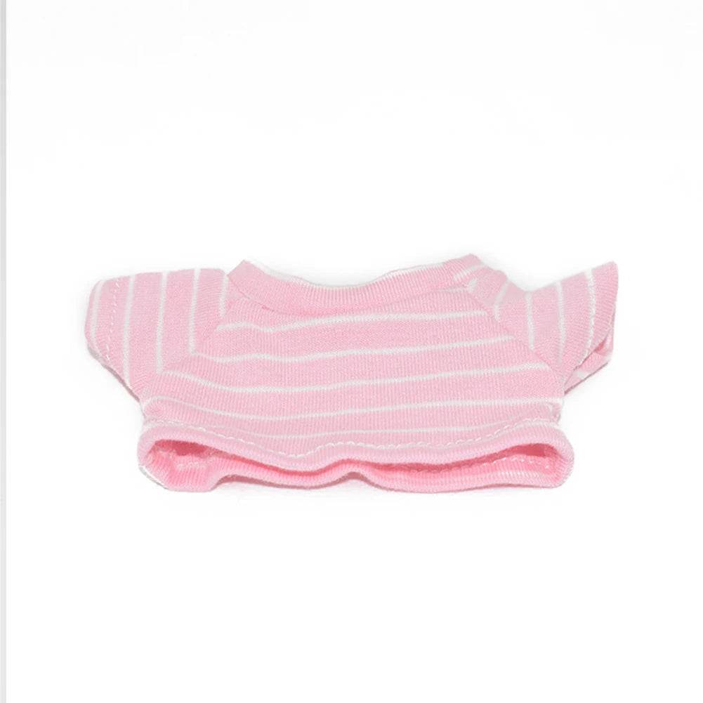 Pink and white striped short-sleeve doll shirt with crew neckline.