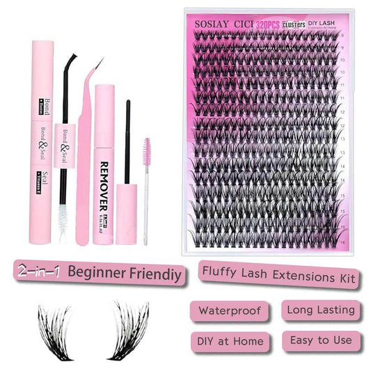 Eyelash extension kit with black D curl lashes in various lengths, tweezers, glue, remover, and applicator on a white.