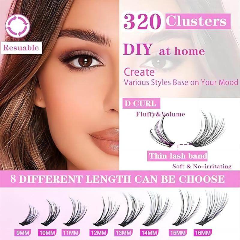Eyelash extension kit with 320 black D-curl clusters in eight lengths from 9mm to 16mm, reusable, shown with close-up of.