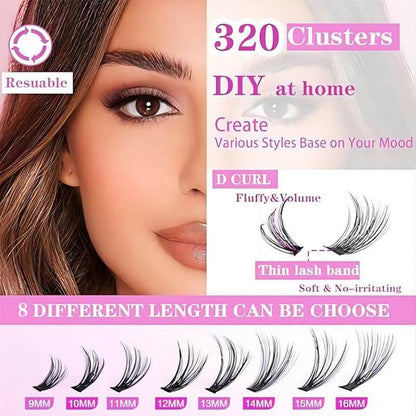 Eyelash extension kit with 320 black D-curl clusters in eight lengths from 9mm to 16mm, reusable, shown with close-up of.