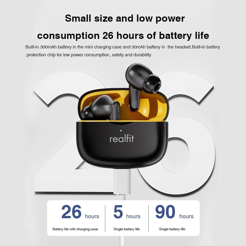 Black wireless earbuds with open charging case, compact design, and "realfit" branding on case.