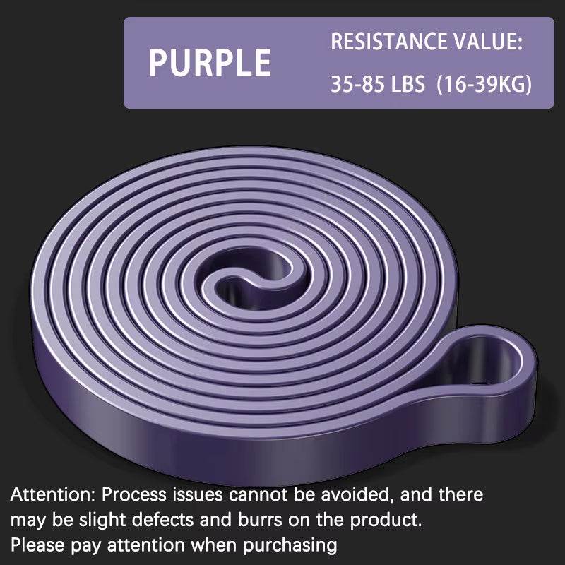 Coiled purple resistance band labeled 35-85 lbs strength for heavy workouts and therapy.