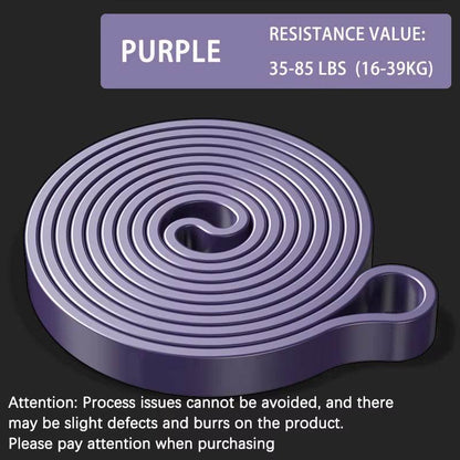 Coiled purple resistance band labeled 35-85 lbs strength for heavy workouts and therapy.