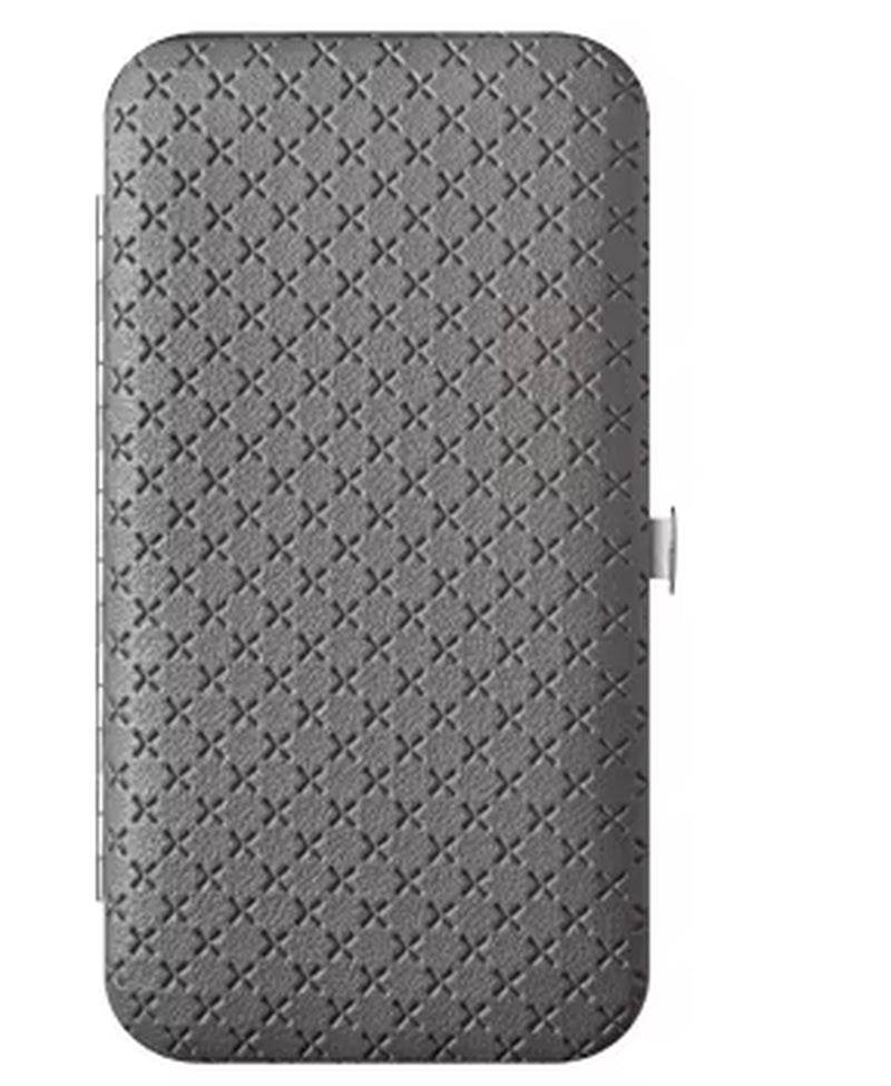 Black textured travel grooming kit case with clasp closure, compact rectangular shape.