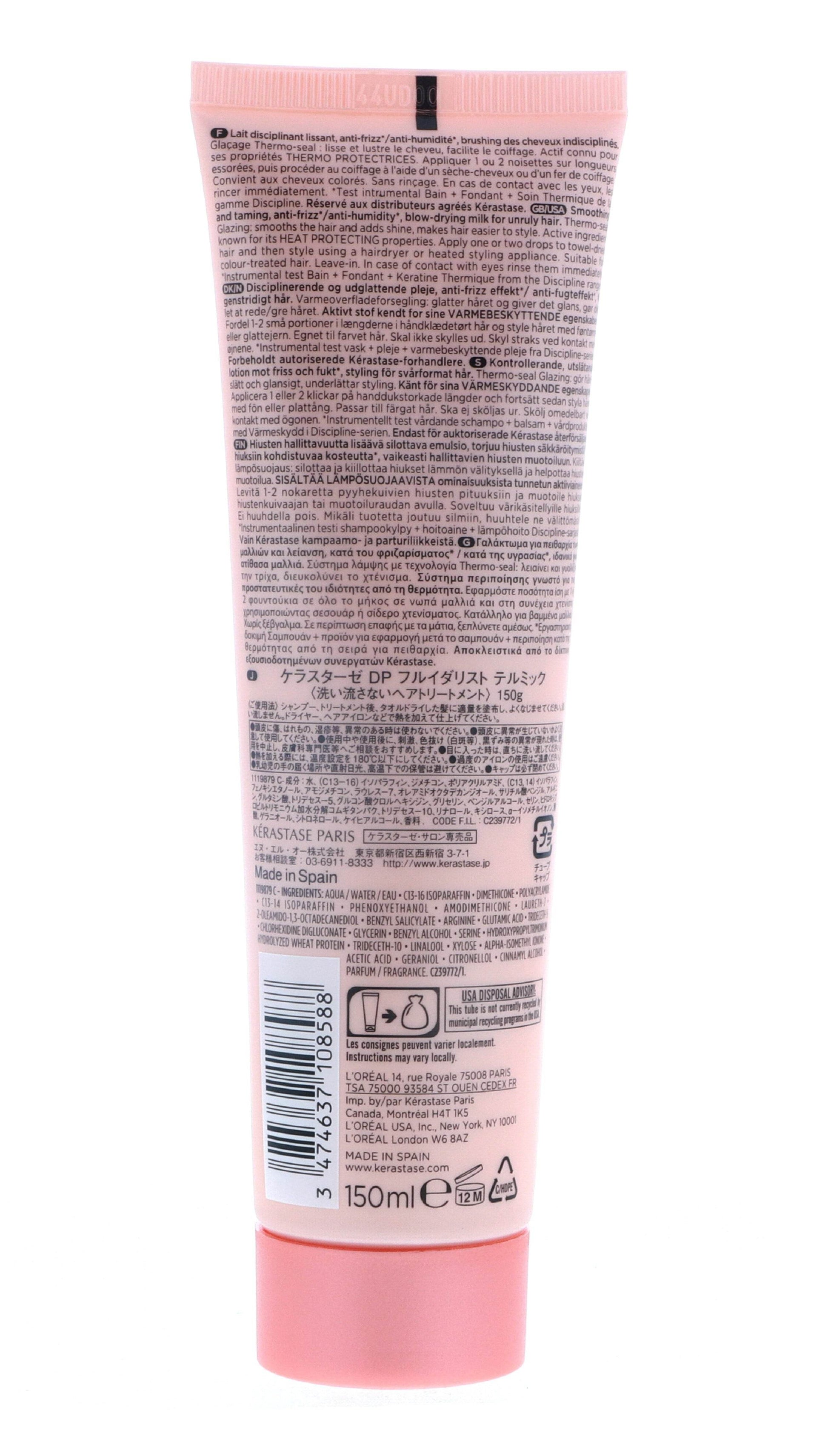 Pink tube of Discipline Keratine Thermique Smoothing Taming Milk with black text and barcode on the back.