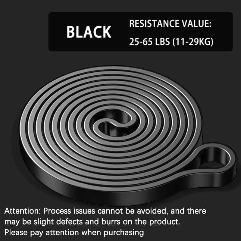 Black heavy resistance band rolled flat with resistance value 25-65 lbs (11-29 kg) on dark background.