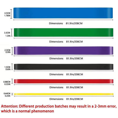 Set of six flat resistance bands in blue, green, purple, black, red, and yellow, each 81.
