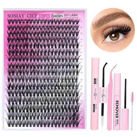 320-piece D curl eyelash extension kit with varied lengths and pink applicator tools.