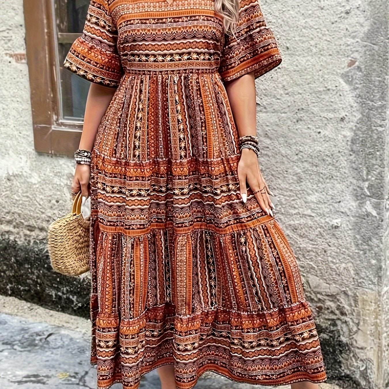 Plus Size All Over Print Tiered Dress, Vacation Notch Neck Short Sleeve Dress, Women's Plus Size Clothing - My Chroma Cart