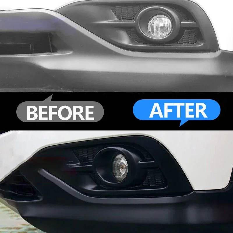 Before and after comparison of car bumper trim and fog light area, showing faded gray plastic restored to glossy black.