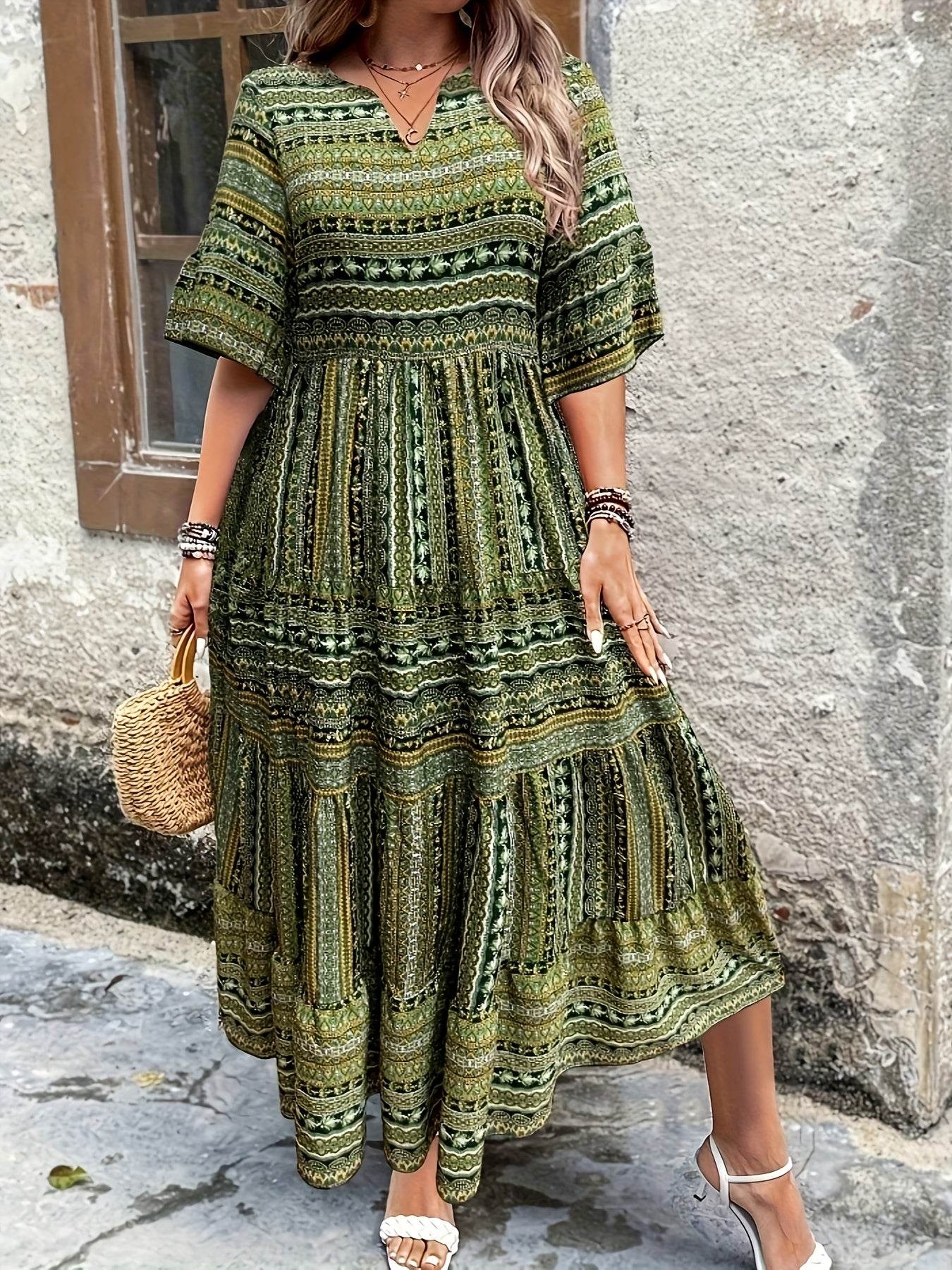Plus Size All Over Print Tiered Dress, Vacation Notch Neck Short Sleeve Dress, Women's Plus Size Clothing - My Chroma Cart