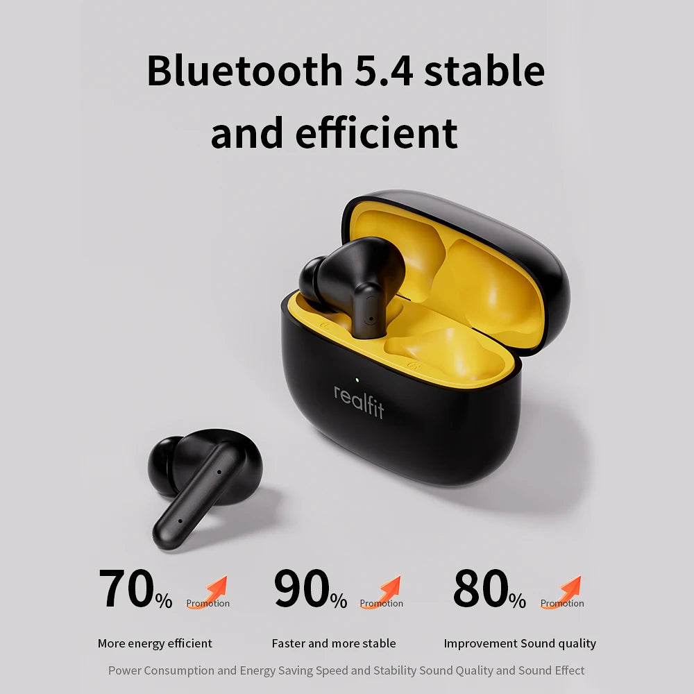 Black wireless earbuds with matching charging case featuring bright yellow interior and compact design.