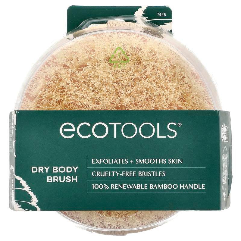 Round dry body brush with light natural bristles and a 100% renewable bamboo handle in clear plastic packaging with green.