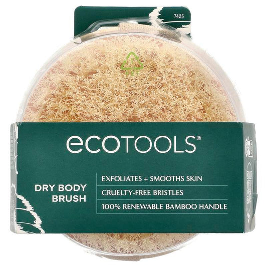 Round dry body brush with light natural bristles and a 100% renewable bamboo handle in clear plastic packaging with green.