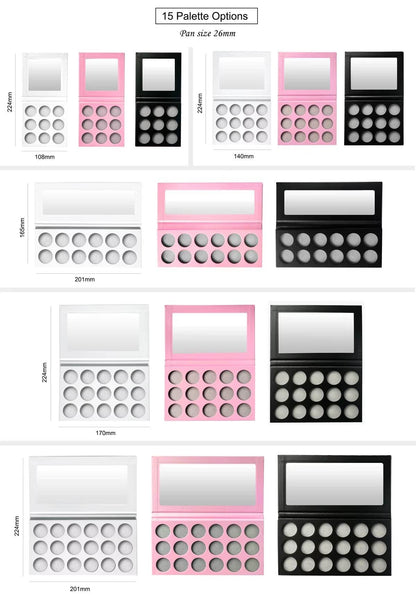 Set of three high-pigment eyeshadow palettes in white, pink, and black cases with 15 round pans each and applicators.
