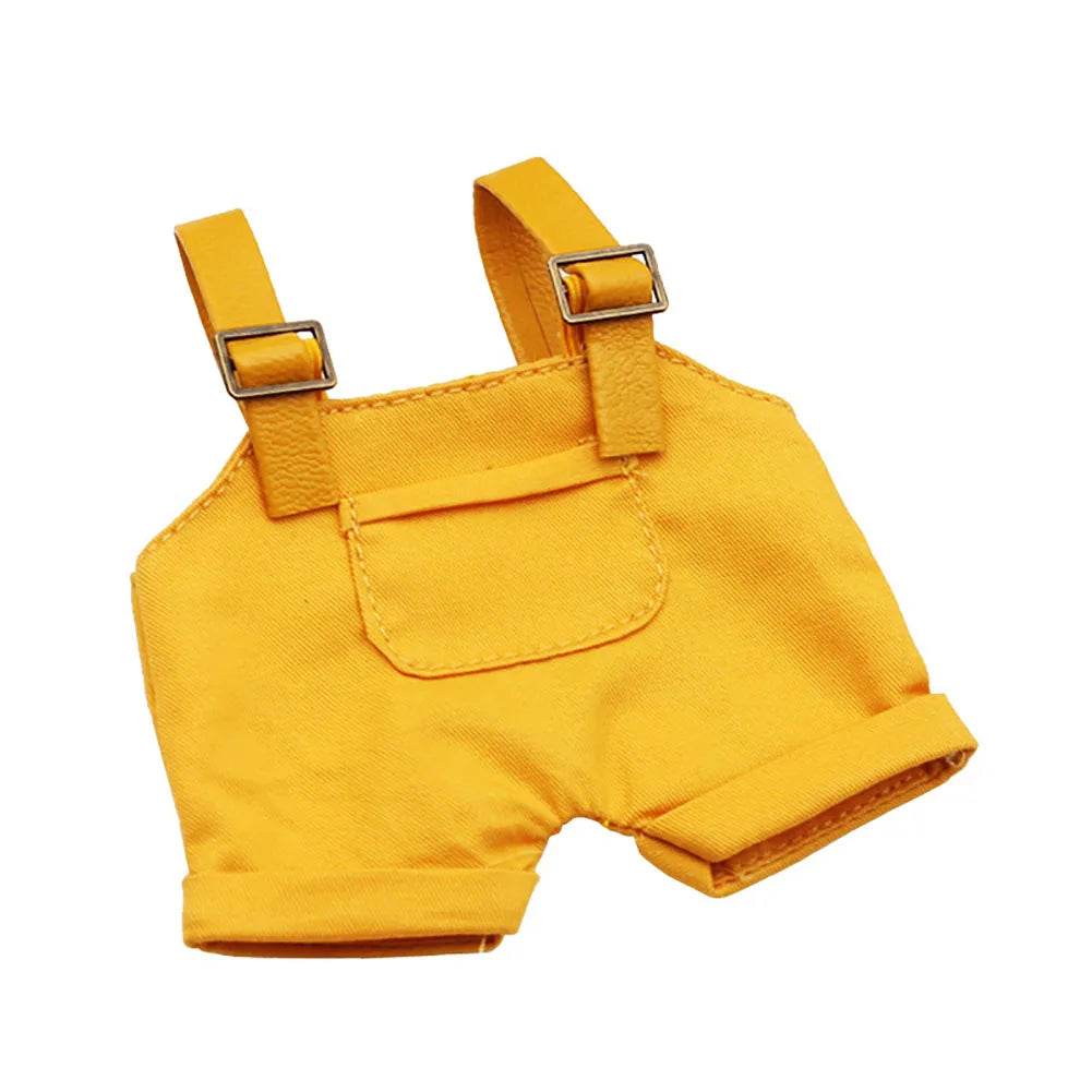 Yellow cotton striped doll overalls with adjustable straps and front pocket.