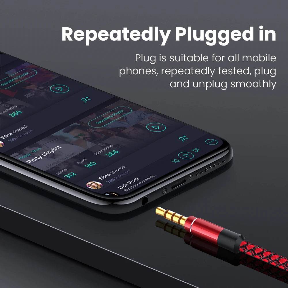 Red nylon braided 1.5m 3.5mm audio cable with gold-plated jack plugged into smartphone headphone port.