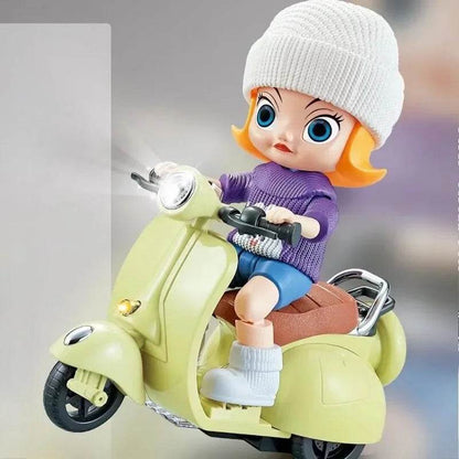 Miniature beige electric motorcycle toy with brown seat, metal accents, and headlight on.