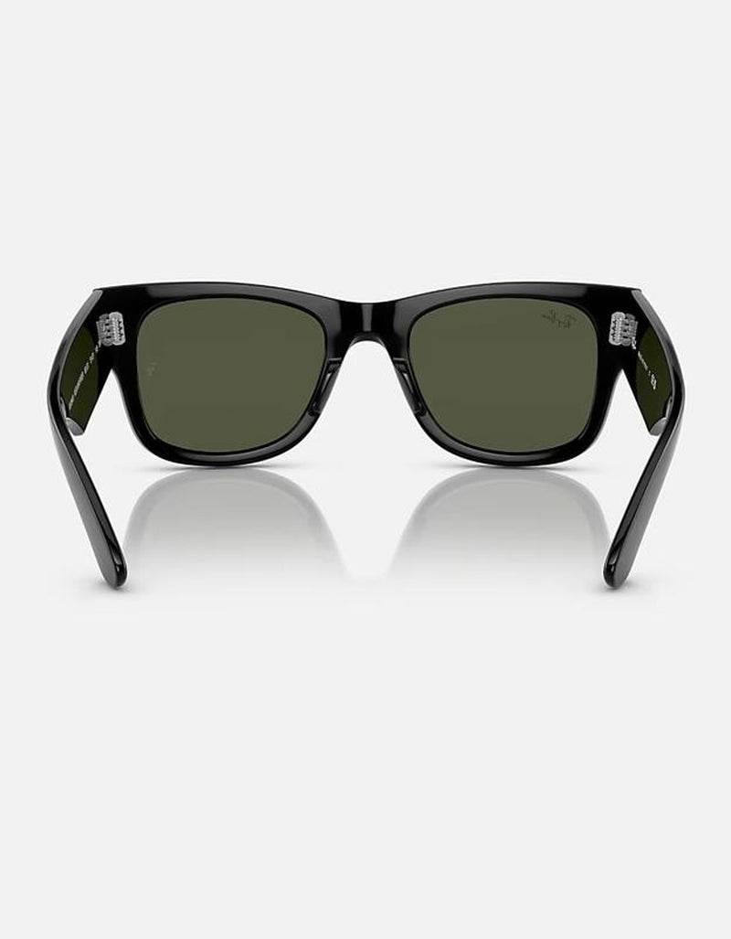 Black oversized wayfarer sunglasses with dark green lenses and thick glossy frames.