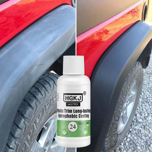 White bottle of HGKJ Plastic Trim Long-lasting Hydrophobic Coating with green label next to a red car fender showing faded.