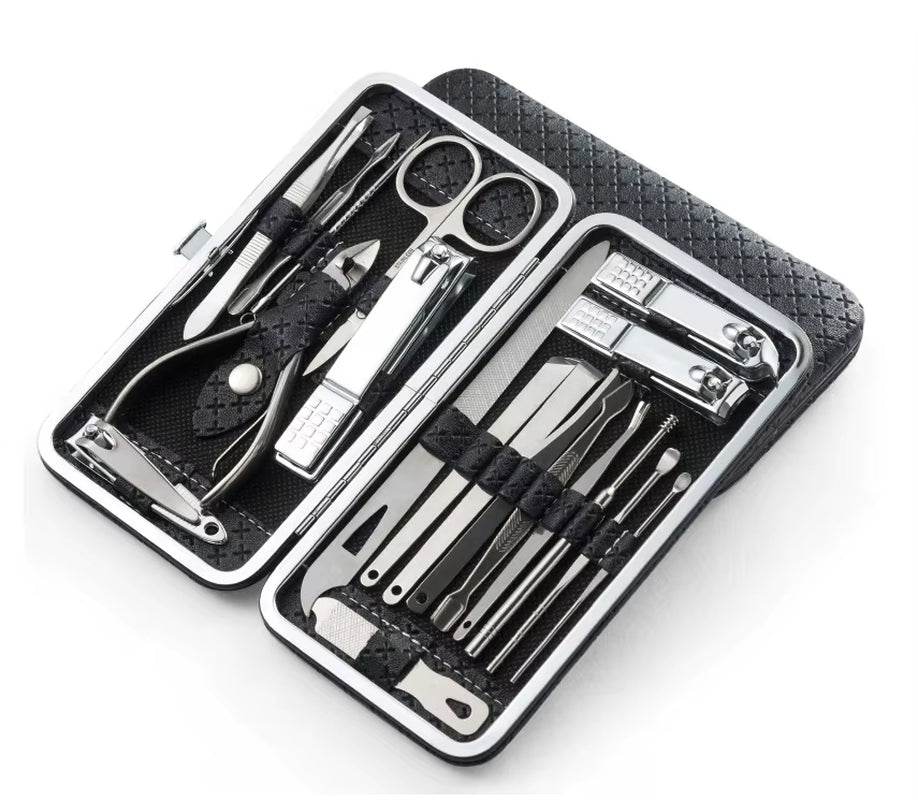 Black textured case open to reveal 19-piece stainless steel manicure and pedicure set with nail clippers, scissors,.