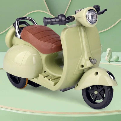 Beige mini electric motorcycle toy with brown seat, black handlebars, and round headlight.