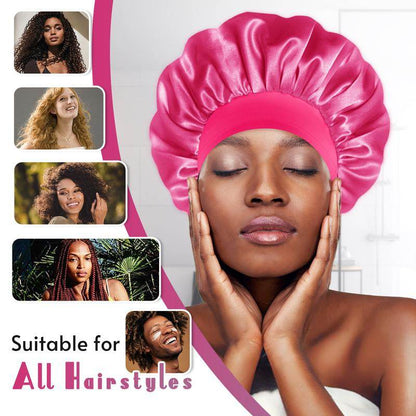 Bright hot pink double-layer satin bonnet with smooth, shiny texture, worn by a woman with closed eyes and hands gently.