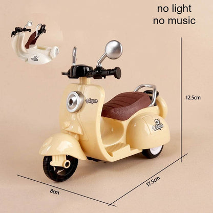 Beige mini electric toy motorcycle with brown seat, round headlight, and rearview mirrors, 17.5cm long.