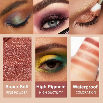 Collage showing colorful matte and shimmer eyeshadow swatches, close-up eye makeup looks, and texture highlights with soft,.