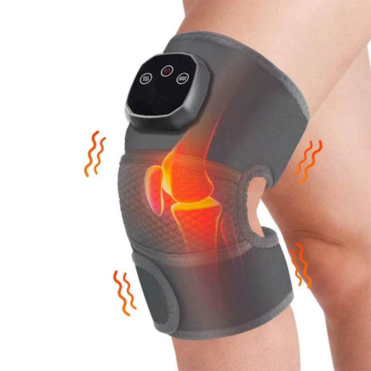 Grey knee massager wrap with digital control panel and glowing heat effect around the knee joint.
