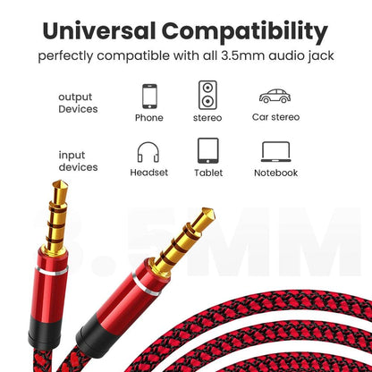Red nylon braided 1.5m 3.5mm audio cable with gold-plated male connectors.