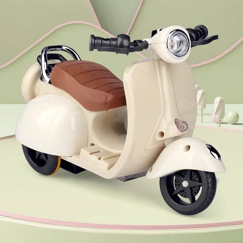 Beige mini electric motorcycle toy with brown seat and black handlebars.