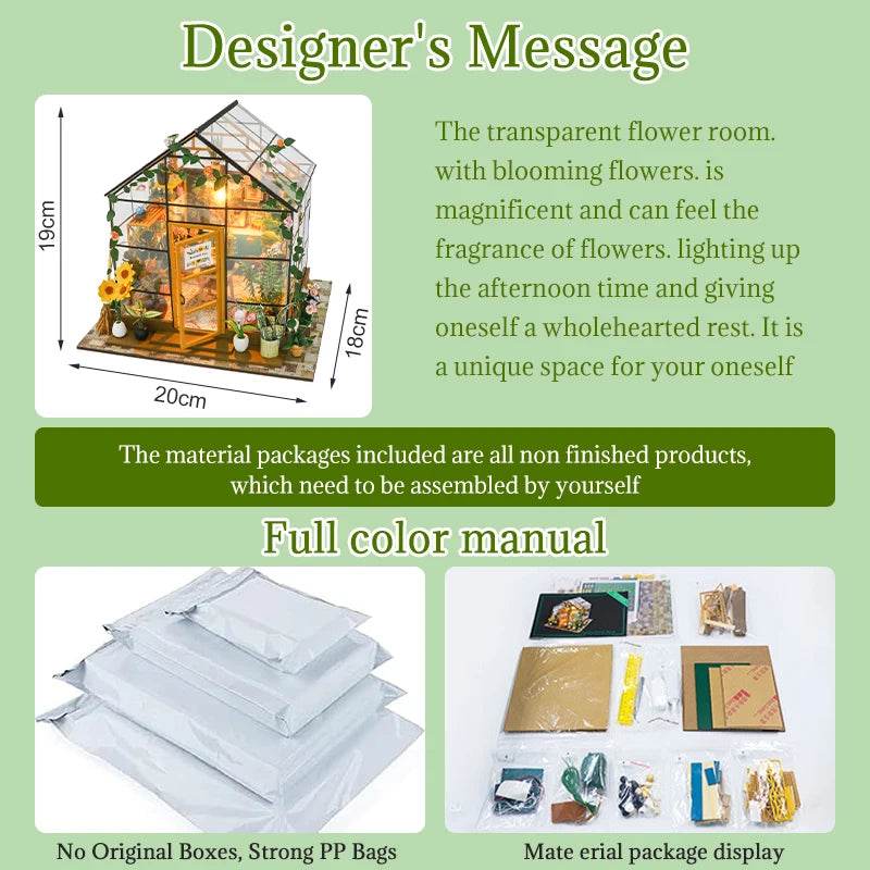 Mini DIY 3D flower house dollhouse kit with transparent walls and detailed furniture pieces displayed with assembly manual.