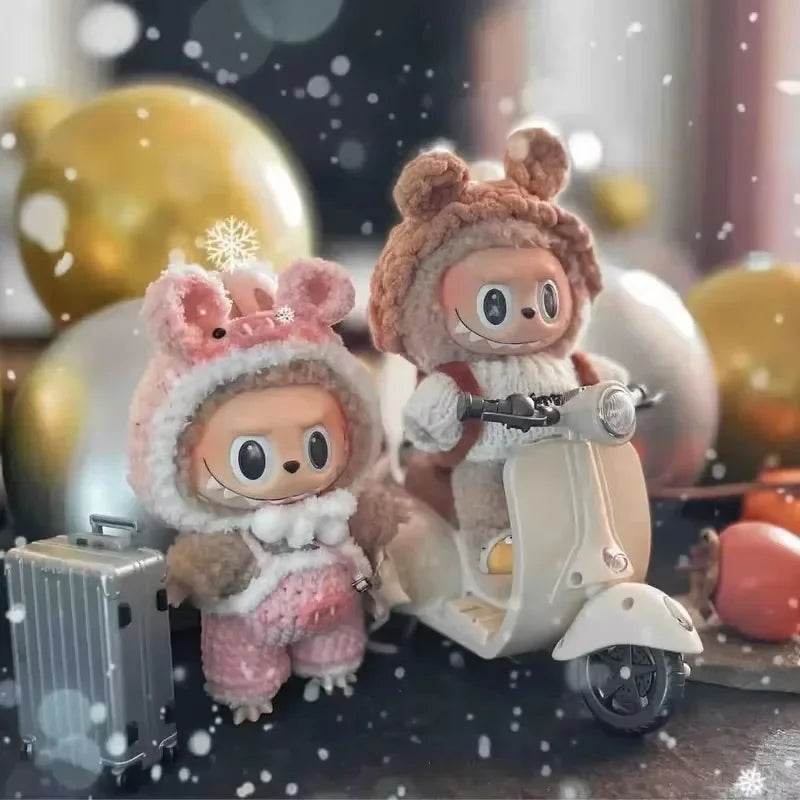 Cute Labubu dolls in fuzzy animal hats with one on white mini electric scooter and pink outfit.