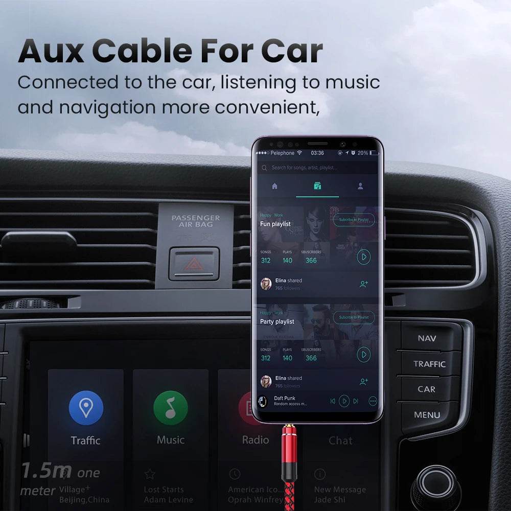 Black 1.5M braided nylon 3.5mm aux cable connected between car stereo and smartphone.