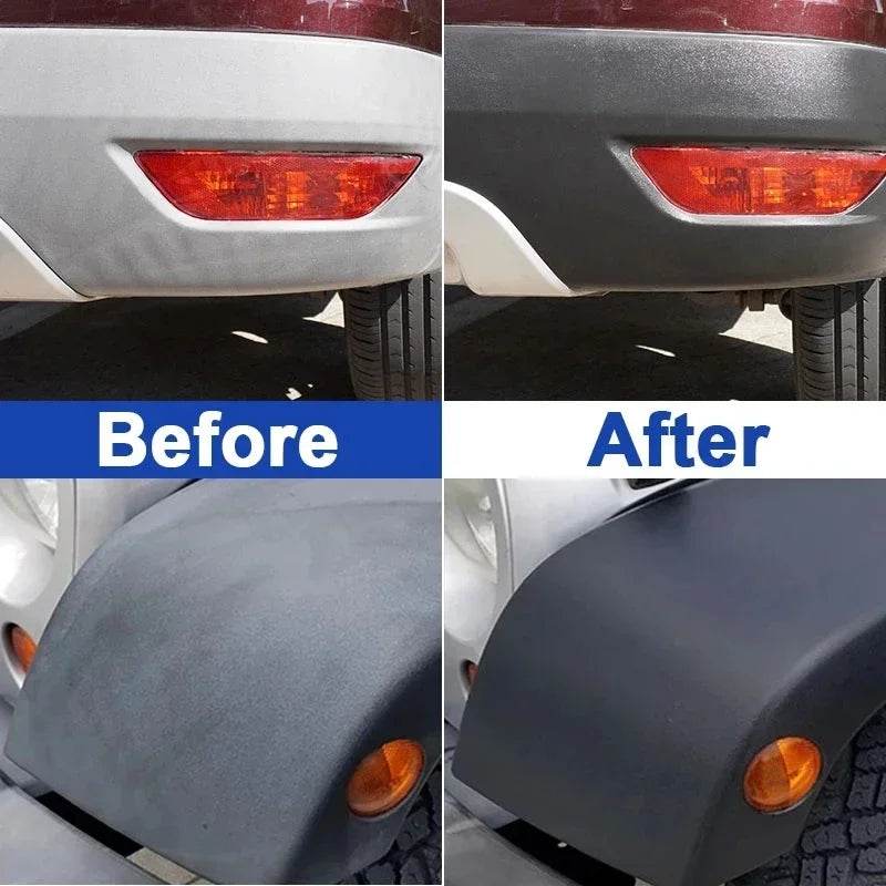 Car bumper before and after using plastic restore revitalizer showing dull to glossy black finish.