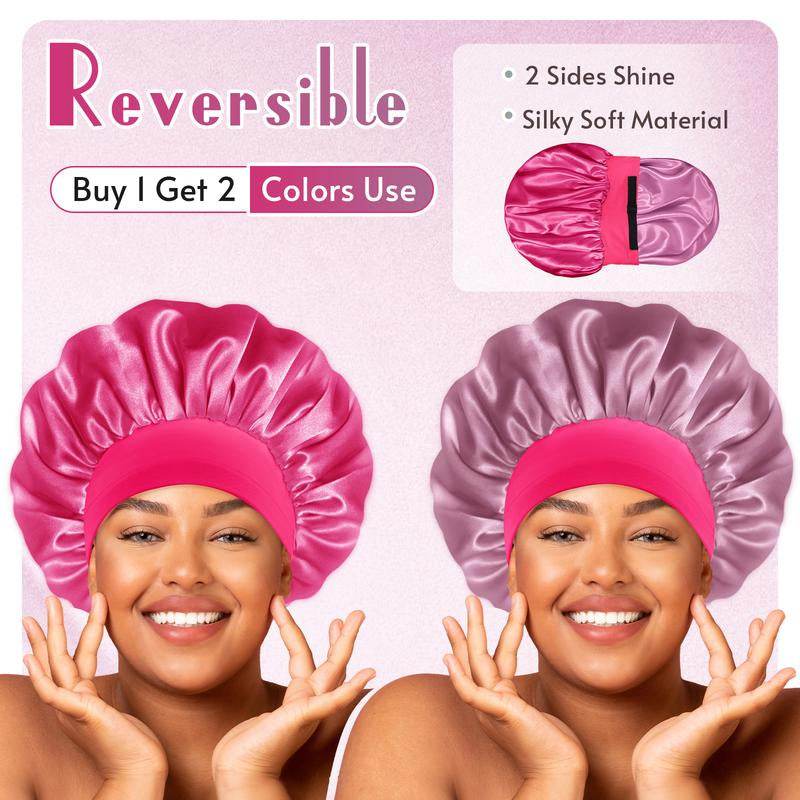 Reversible satin bonnet with hot pink and dark rose gold shiny double-layer fabric on smiling woman.