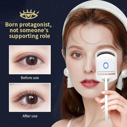 Mini pink rechargeable heated eyelash curler held near a woman's eye with before and after eyelash curl close-ups.