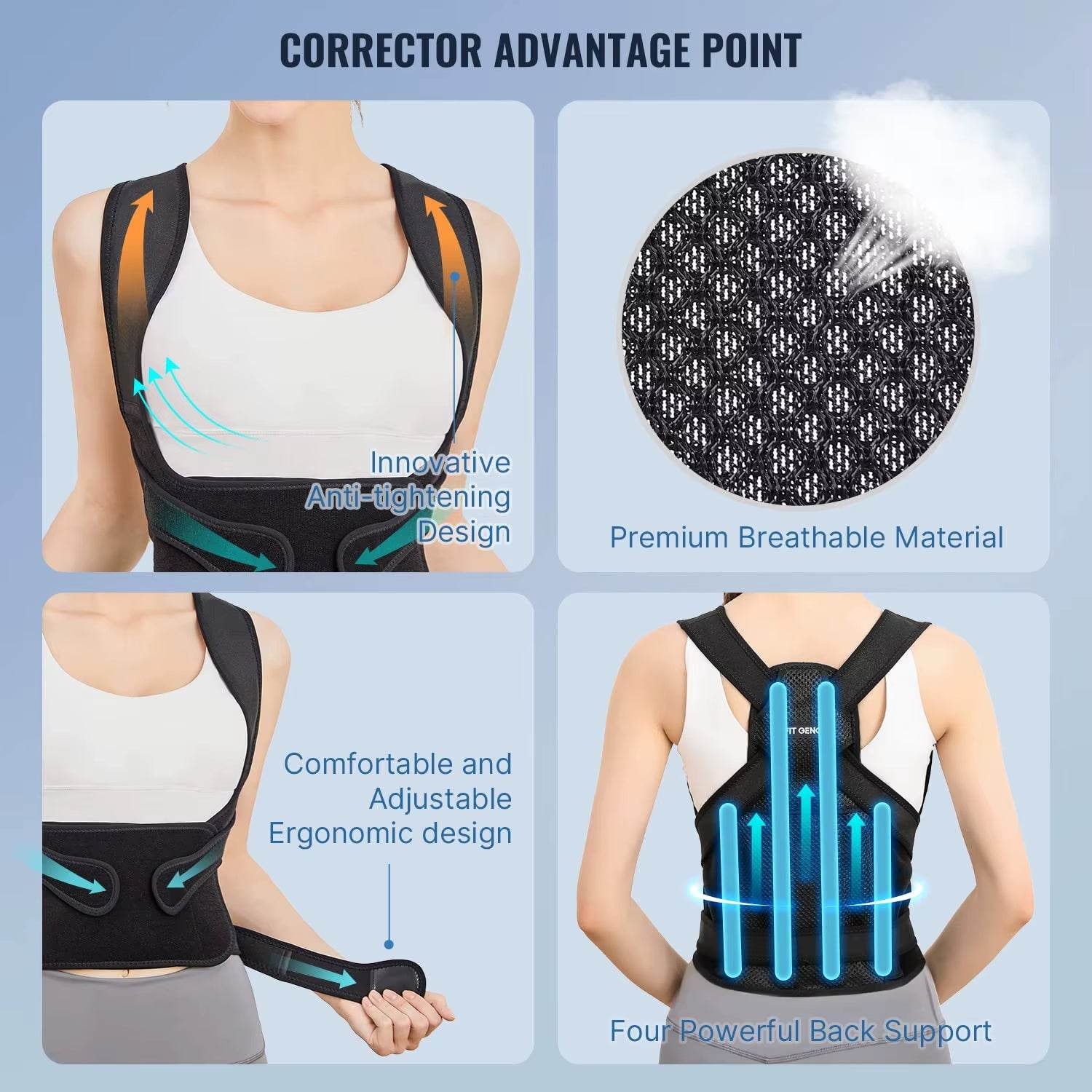 Adjustable black back brace with ergonomic straps and breathable fabric providing upper and lower back support.