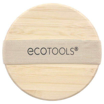 Round wooden dry body brush with natural bristles and beige elastic strap labeled Ecotools.