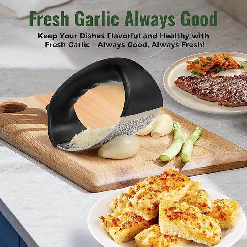 Garlic Press Rocker, Stainless Steel Garlic Mincer and Garlic Crusher, Easy-Squeeze Garlic Tool with Peeler and Cleaning Brush for Smashing Garlic Stainless Steel - My Chroma Cart
