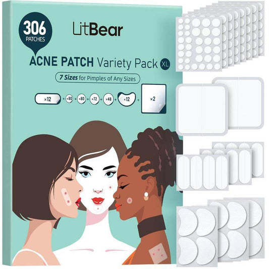 Litbear Skincare Large Pimple Patches 7 Sizes 306 Patches, Acne Spot Treatment XL Hydrocolloid Bandages for Full Face, Forehead Pimple Patch,Back and Body Skincare,Outdoorfun, #Tiktokshopbacktoschool - My Chroma Cart
