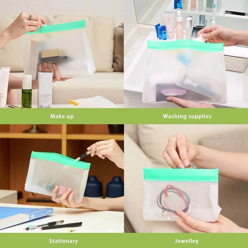 Purple reusable ziplock bags holding makeup, washing supplies, stationery, and jewelry shown in use.