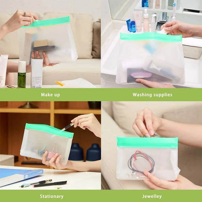 Purple reusable ziplock bags holding makeup, washing supplies, stationery, and jewelry shown in use.