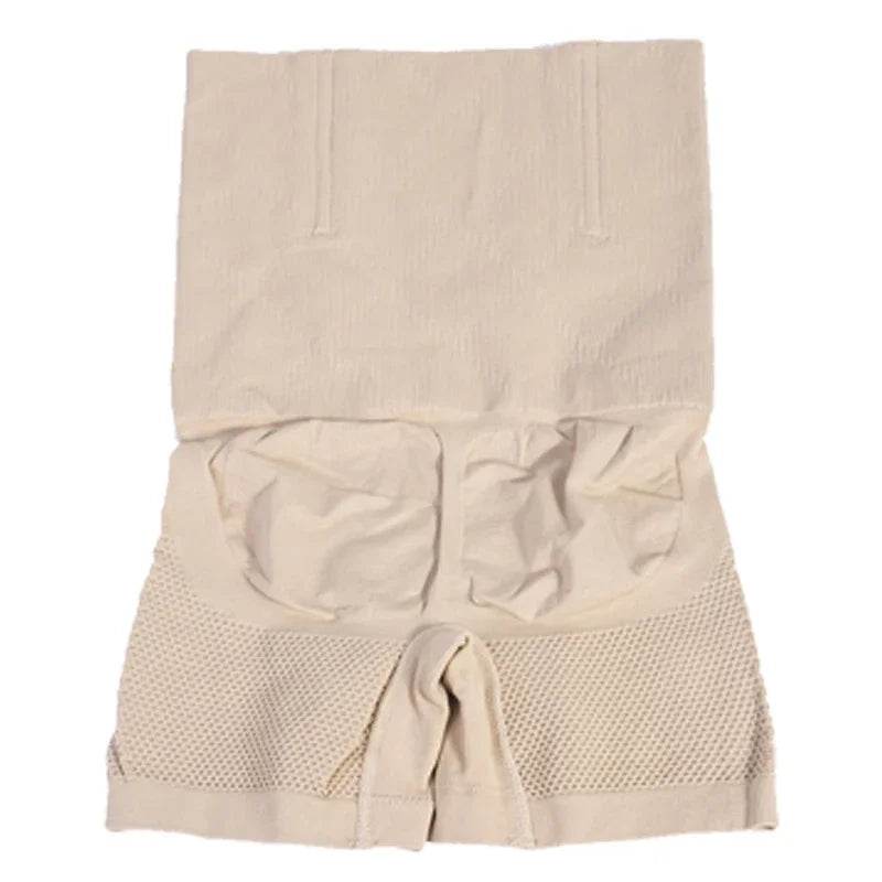 Beige high waist tummy and thigh control shapewear with compression panels and textured shorts design.