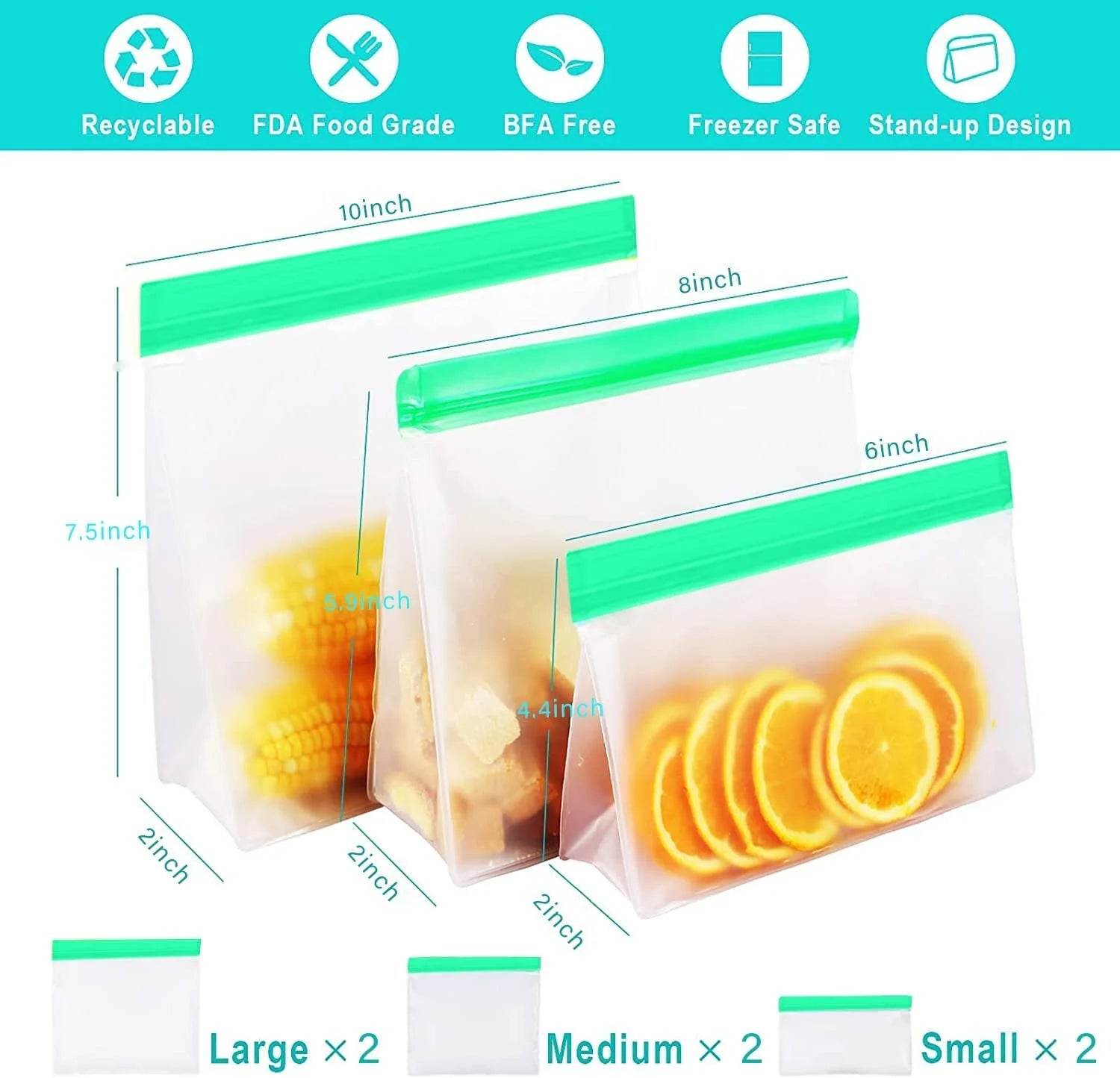 Set of six reusable purple freezer ziplock bags in three sizes, standing upright with sliced oranges inside.