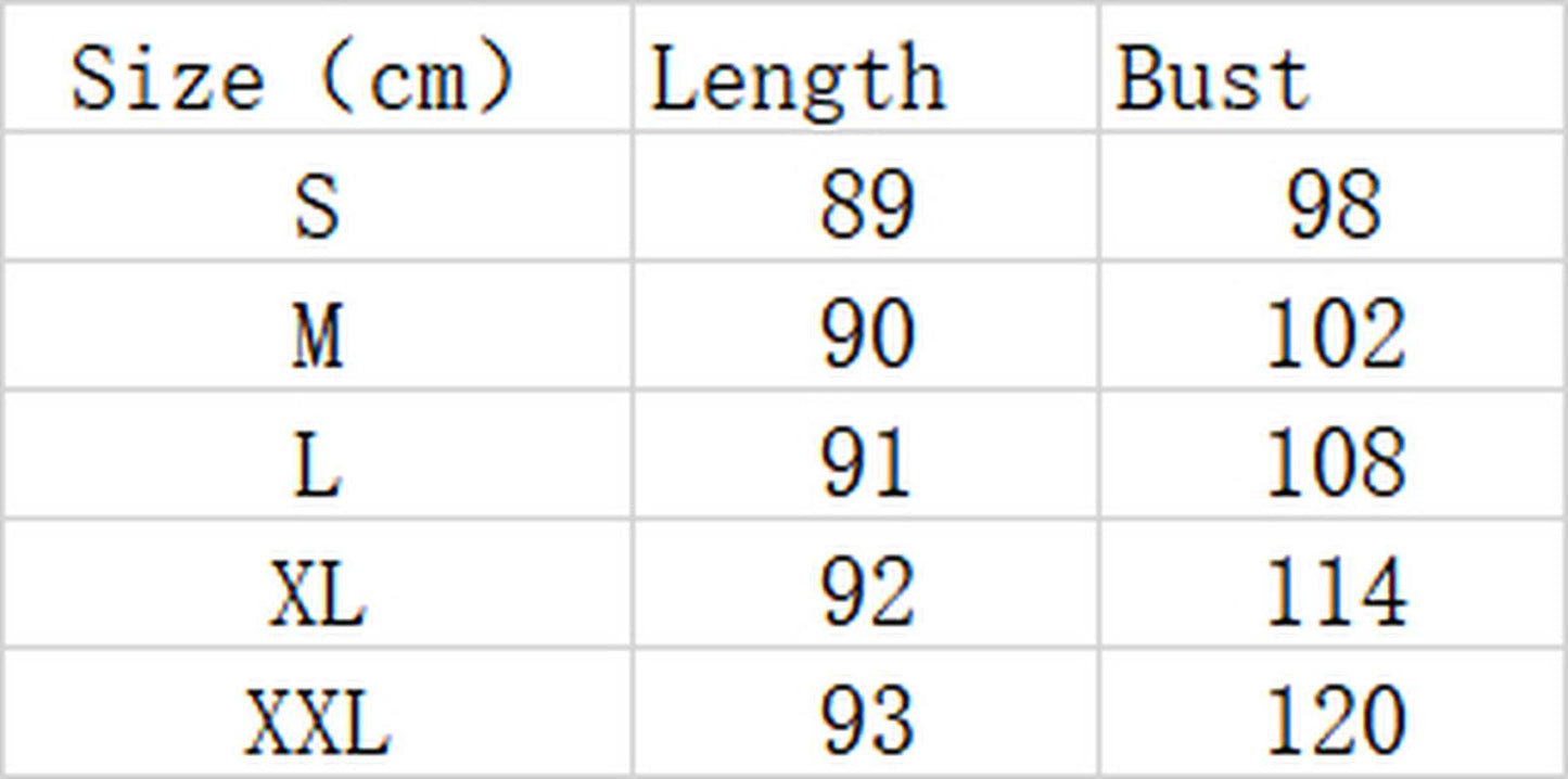 Size chart table showing dress length and bust measurements in centimeters for sizes S to XXL.